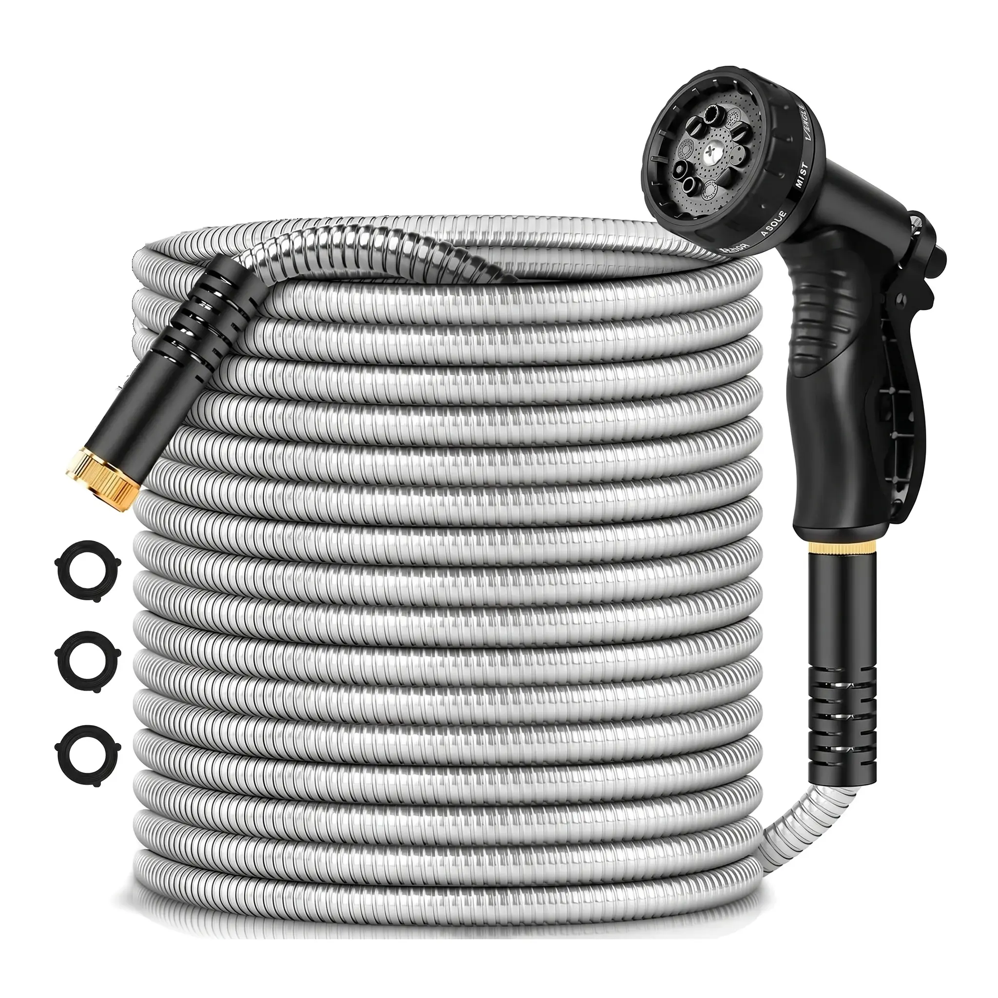 IRONFIX Smart Metal Garden Hose (50ft/100ft) - Heavy Duty Stainless Steel, 10 Functional Nozzles, Anti-Kink, Lightweight, Flexible, Leakproof Gaskets, Easy to Use & Store, All Seasons Outdoor Lawn Watering Accessory