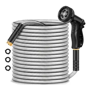 IRONFIX Garden Hose 100ft, Heavy Duty Stainless Steel Water Hose with 10 Functional Nozzles, No Kink, Lightweight and Flexible, Easy to Use and Store, Strong and Sturdy, Suitable for Yard and Lawn