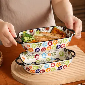 Hand Drawn Oval Ceramic Baking Pan with Handle, Oven Safe Casserole Dish, Multifunctional Bakeware for Cheese, Rice, Salad, BBQ, Cake