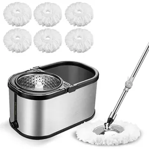 Spin Mop Bucket System Stainless Steel Bucket and Mop Set with 6 Microfiber Replacement  Refills, Floor Mop with 4 Wheel