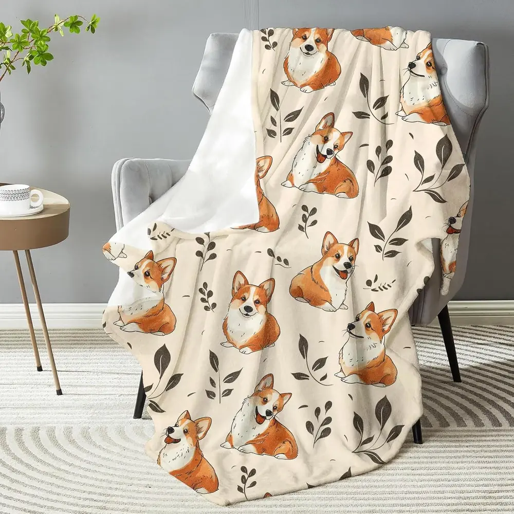 Corgi Print Flannel Throw Blanket  Retro Vintage, Fading Resistant, Soft Cozy Lightweight, All-Season Comfort, Machine Washable, Perfect Gift for Dog Lovers, for Couch & Bed Use