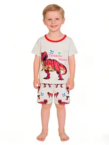 Boys Dinosaur Print Pajama Set, Short Sleeve Sleepwear Pajamas, Breathable Cotton Fabric, Casual Home & Outdoor Use, Comfort Fit