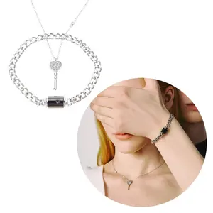 2-Piece Couple's Jewelry Set, Orphic Heart-Shaped Key Pendant Necklace & Stylish Stainless Steel Lock Bracelet, Everyday Perfect Gift for Couples
