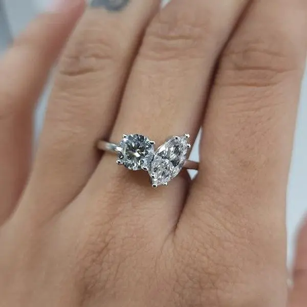 14Kt Gold 1.65 Ct Lab Grown Diamond Marquise & Round 2 Stone Ring