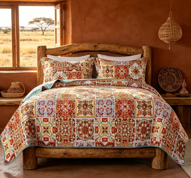 King Size Moroccan Quilt Set, Red and Teal Geometric Boho Bedspread with 2 Pillow Shams, Soft Lightweight Bedding for Bedroom