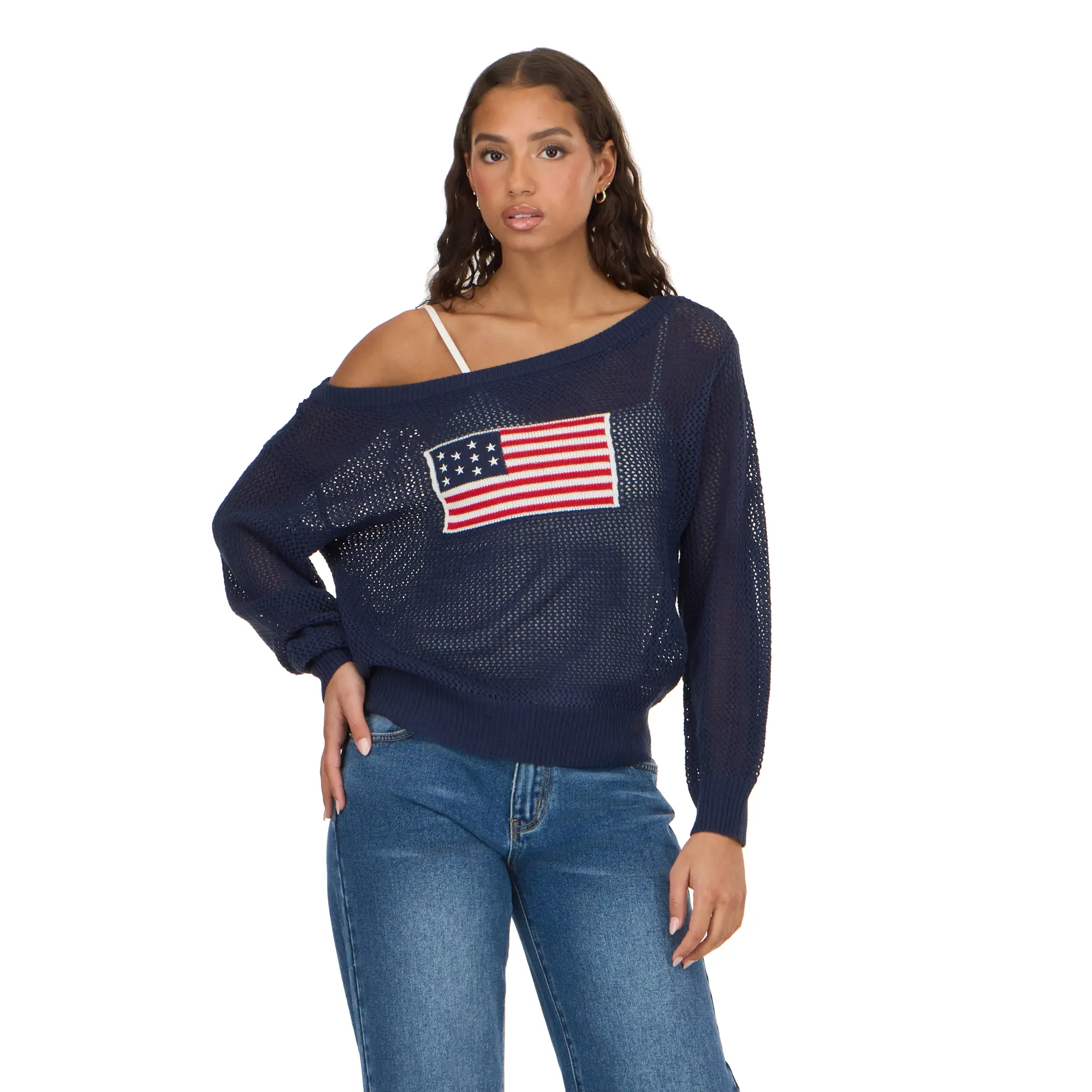Forever 21 Women's Off-Shoulder Graphic Crochet Sweater - Casual Comfortable Long Sleeve, Lightweight Breathable Knit, Style, Fashion, Tops, Crochet Knit, Everyday
