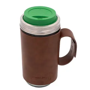 Mason Jar Lifestyle Pint & Half 24oz Glass Water Bottle Travel Tumbler with Faux Leather Sleeve & Drinking Lid