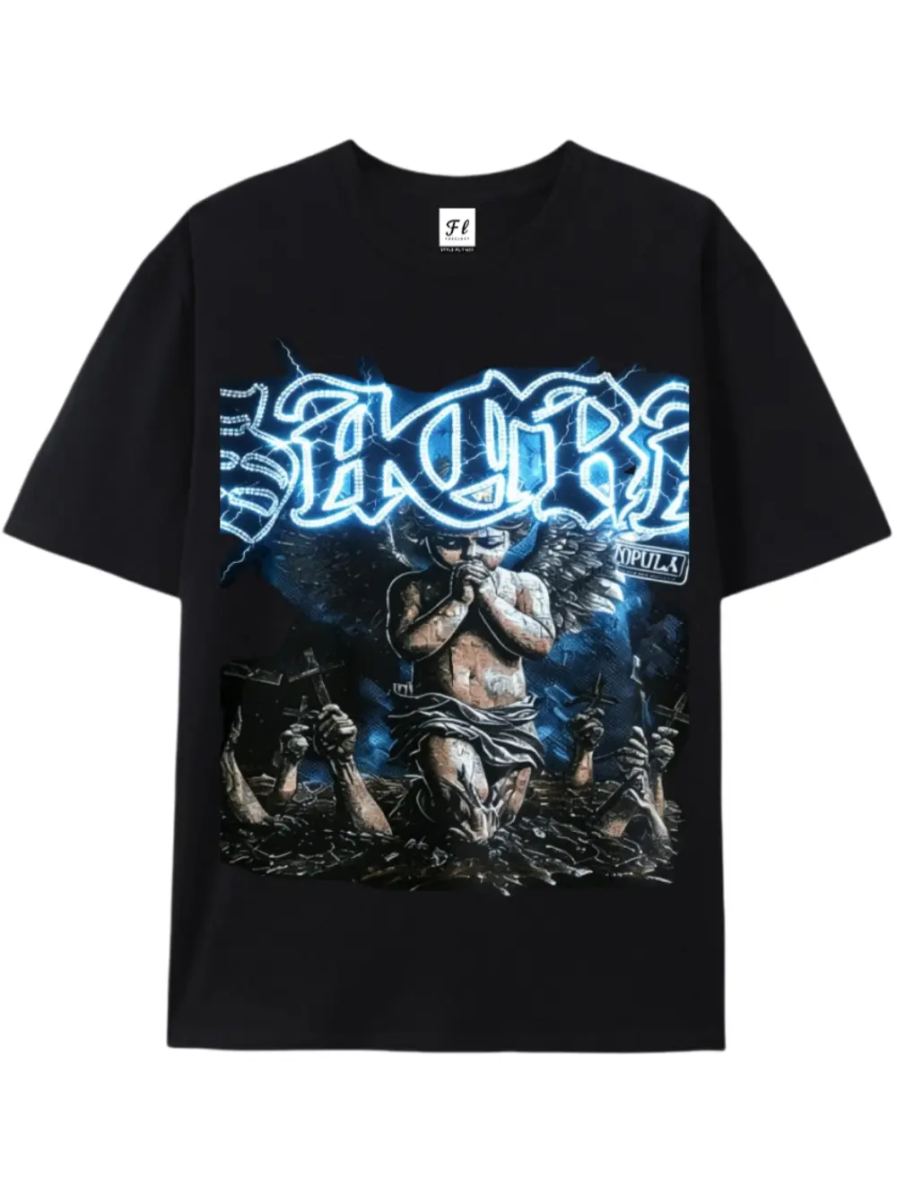 Men 100% Cotton Crew Neck Short Sleeve T-Shirt, Fashion Loose Oversized Fit Breathable Moisture Wicking Dark Angel Pray Cherub Lightning Cross Graphic Tee, Vintage Gothic Streetwear Casual Top For Punk Rock Lovers Men Women Youth
