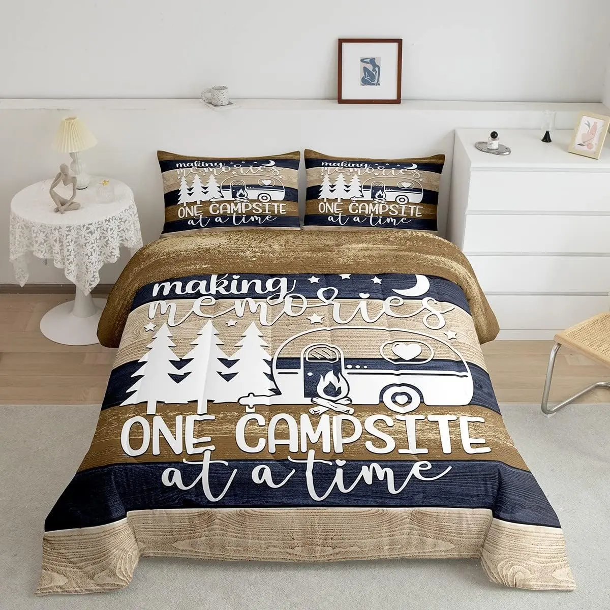 Feelyou Kids Camper Comforter Set - Happy Camping Theme Microfiber Bedding, Skin Friendly Soft Cozy Breathable Blanket, Quilt Cover Set for Rustic Farmhouse Travel Trailers, RVs, Skin Friendly Blanket, Soft Cozy Blanket