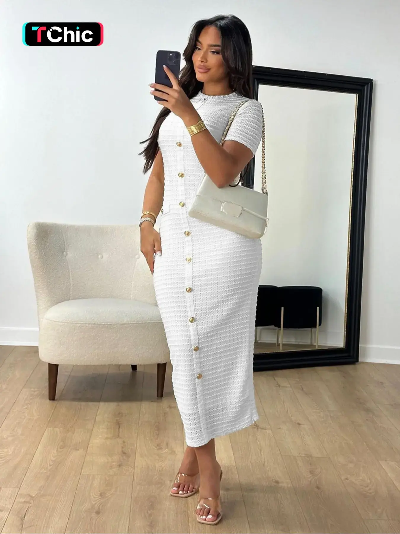 Women's Plain Basic Zipper Back Round Neck Chic Dress, Casual Fake Button Decor  Short Sleeve Crew Neck Dress for Daily Wear, Ladies Elegant Clothes for All Seasons