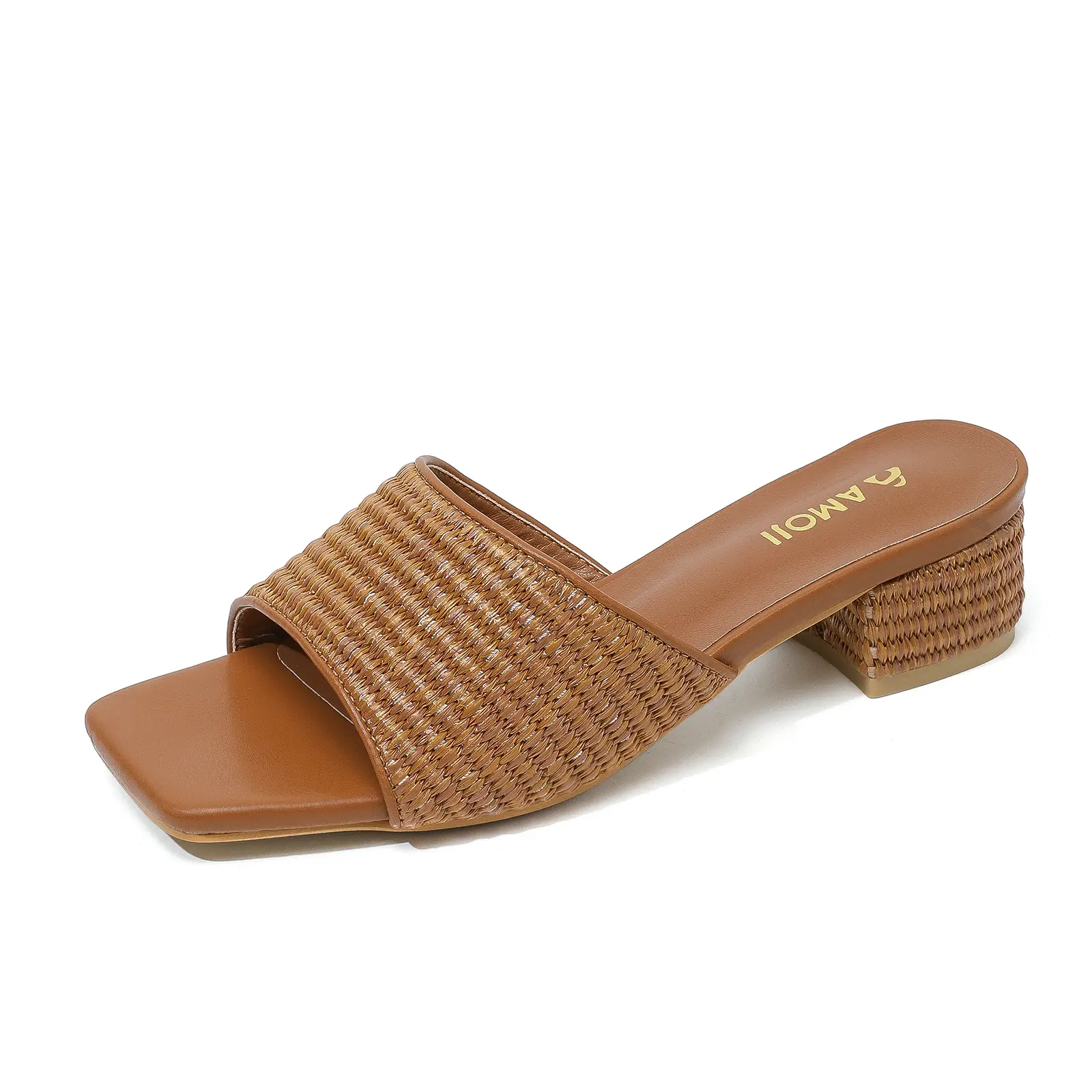 Amoji Womens Square Open Toe Woven Raffia Heeled Sandals, 2–3 inch slip-on slide sandals, block heel, 345