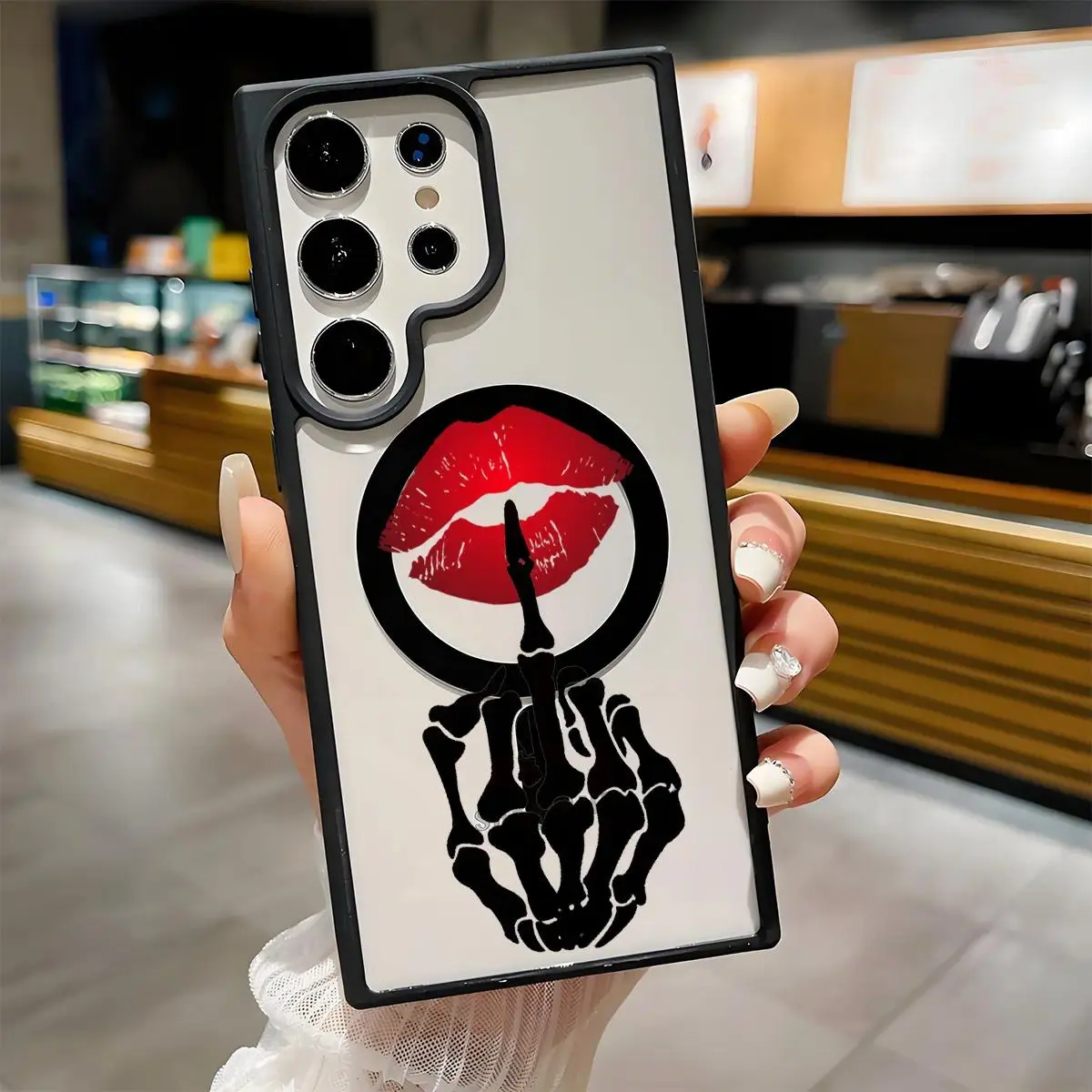 Skull Hand Lip Tattoo Clear Magnetic Phone Case , Compatible with MagSafe Silicone Bumper Protective Cover For Samsung S26 S25 S24 S23 S22 Ultra Plus FE