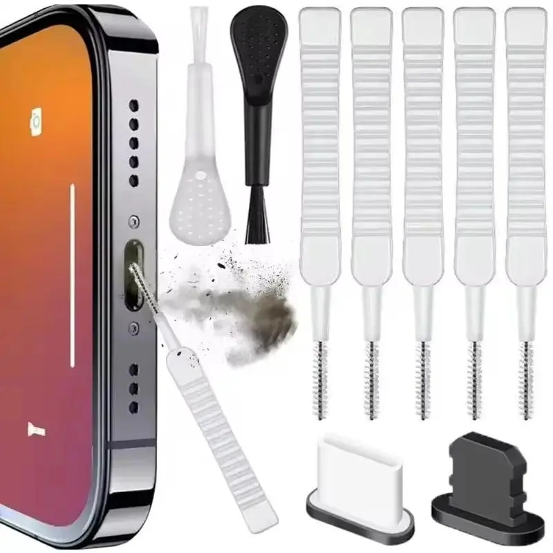 Black Smartphone Cleaner & Charging Port Cleaning Set with Dust Plug, Brush for iPhone 16/15/14, Earphones, Samsung, Xiaomi
