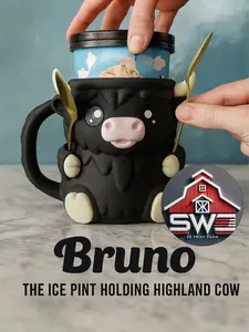 Bruno Ice Cream Pint Holder the Highland Cow with Spoon Slots | Eco-Friendly 3D Print + Free Gift
