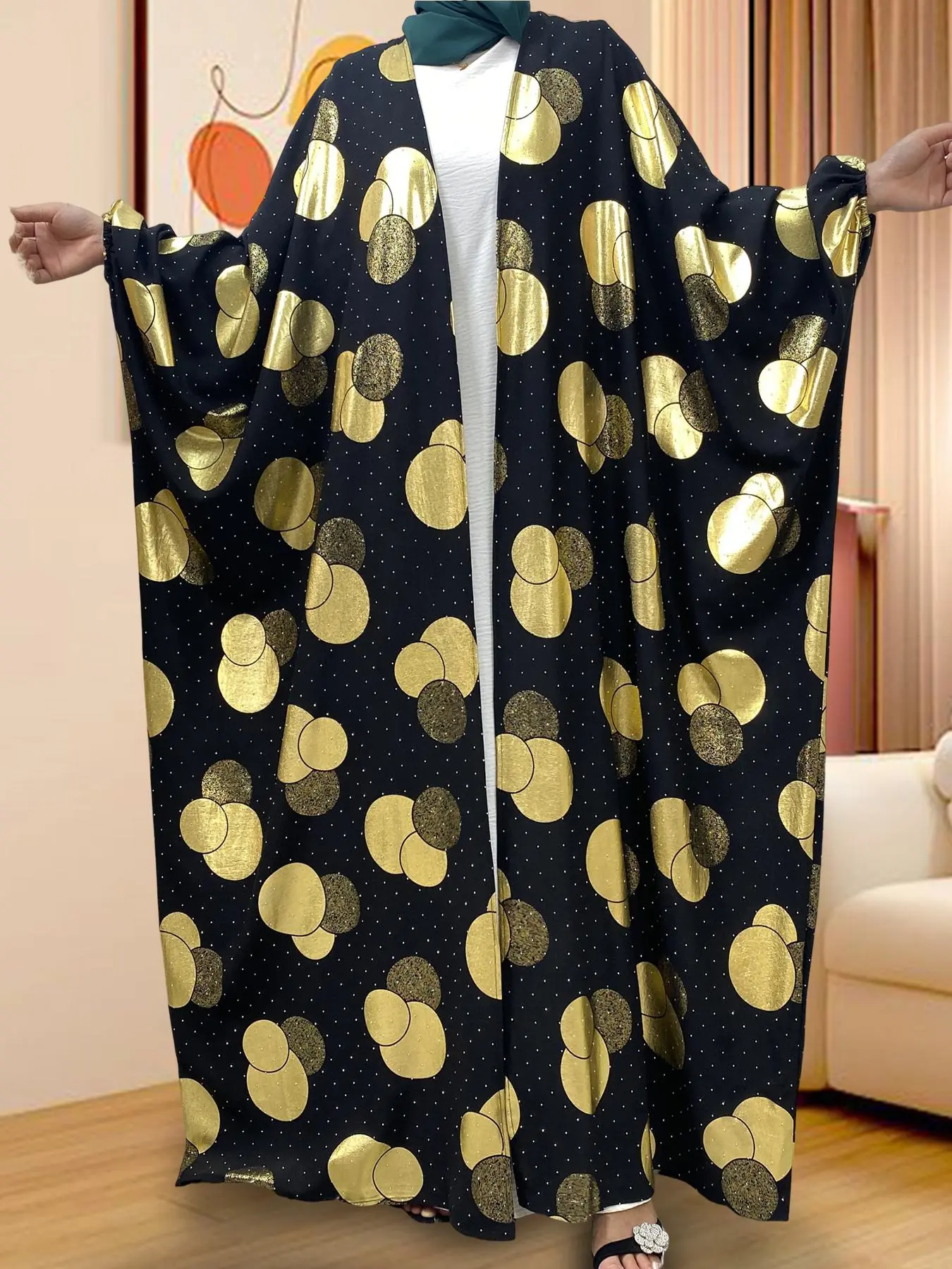Women's Geometric Print Batwing Sleeve Open Front Abaya, Modesty Muslim Clothing, Casual Comfy Long Sleeve Outerwear for Daily Wear, Ladies Sleepwear for All Seasons