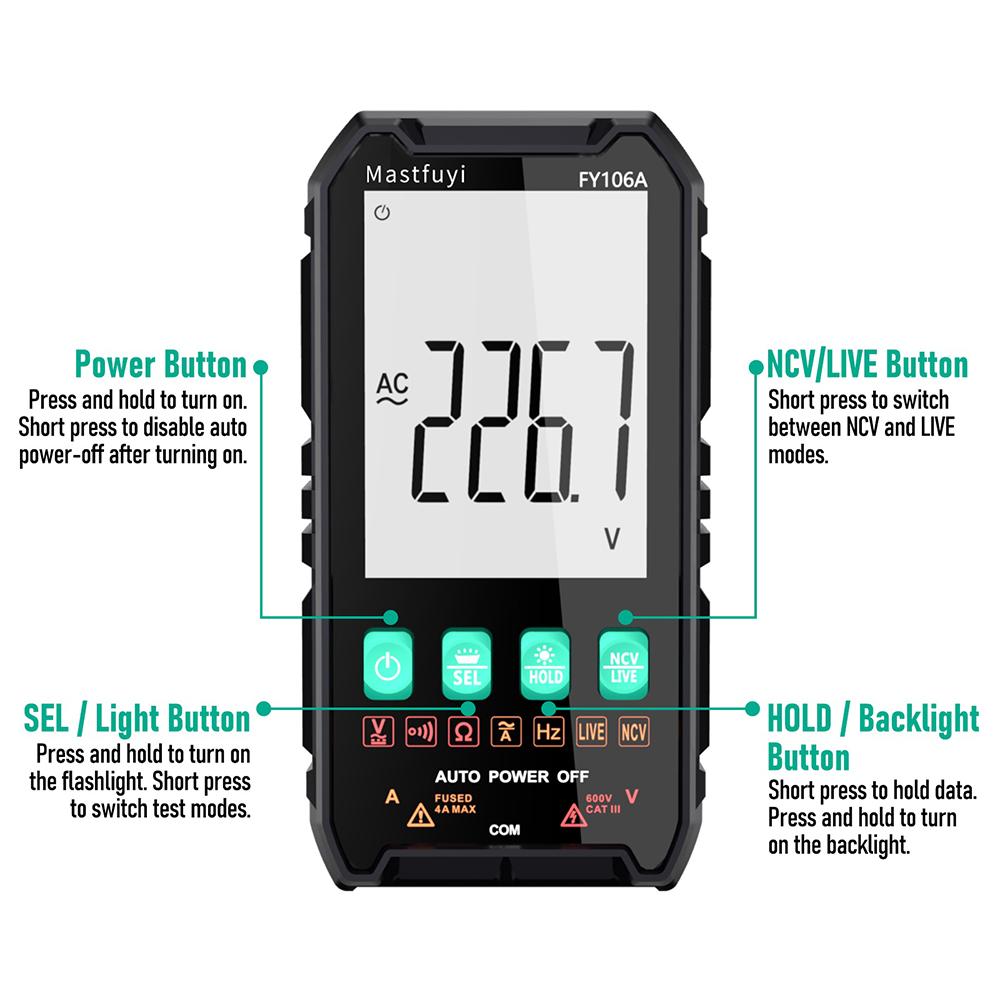 FY106 Smart Multimeter Mini Digital Multimeter 3999Counts Auto-Ranging CAT III 600V Professional Voltage Multimeter Multimeter Test Leads Multimeter Tester FY106 Smart Multimeter Mini Digital Multimeter 3999Counts Auto-Ranging CAT III 600V Professional Voltage Multimeter Multimeter Test Leads Multimeter Tester