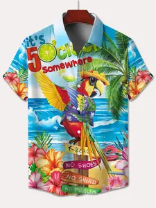Men's Beach Style Parrot 3D Printed Hawaiian Shirt, Short Sleeve Casual Summer Shirt, Fitted All over Print, H Type Silhouette, Beach Club Shirt, Beachy Shirt, Casual Beach Shirts