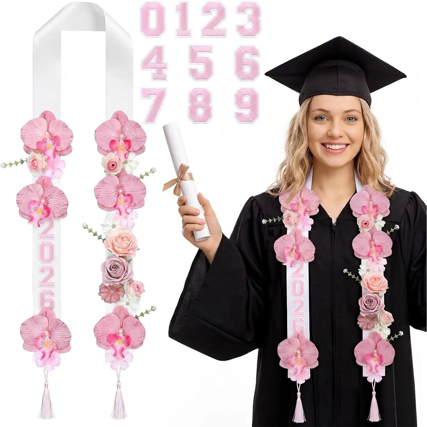 Class of 2026 Elegant Artificial Flower and Polyester Graduation Lei Sash, 20-Sheet Number Iron-On Patches DIY Floral Necklace for Senior Grad Gifts (Pink, Traditional, All Seasons), Festive Gift