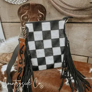 Women's Western Checkerboard Cowhide Crossbody Leather Bag with Adjustable Shoulder Strap