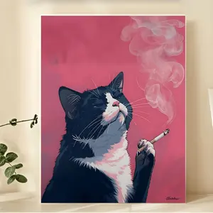 2D Flat, 2D Flat, 1pc of Frameless Painting Featuring a Smoking Cat, a Black Cat Themed Canvas Print Poster. Unique And Creative Wall Art Decoration Suitable for Living Rooms, Bedrooms, Offices, And Dining Rooms., Printed Artwork
