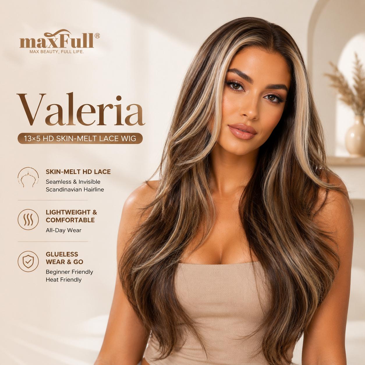 Valeria - MaxFull Dark Ash Brown Wig | Platinum Blonde Chunky Highlights, Pre-Cut 13×5 Skin-Melt HD Lace, Free Part, Face-Framing Layered, Soft Effortless Waves Wig