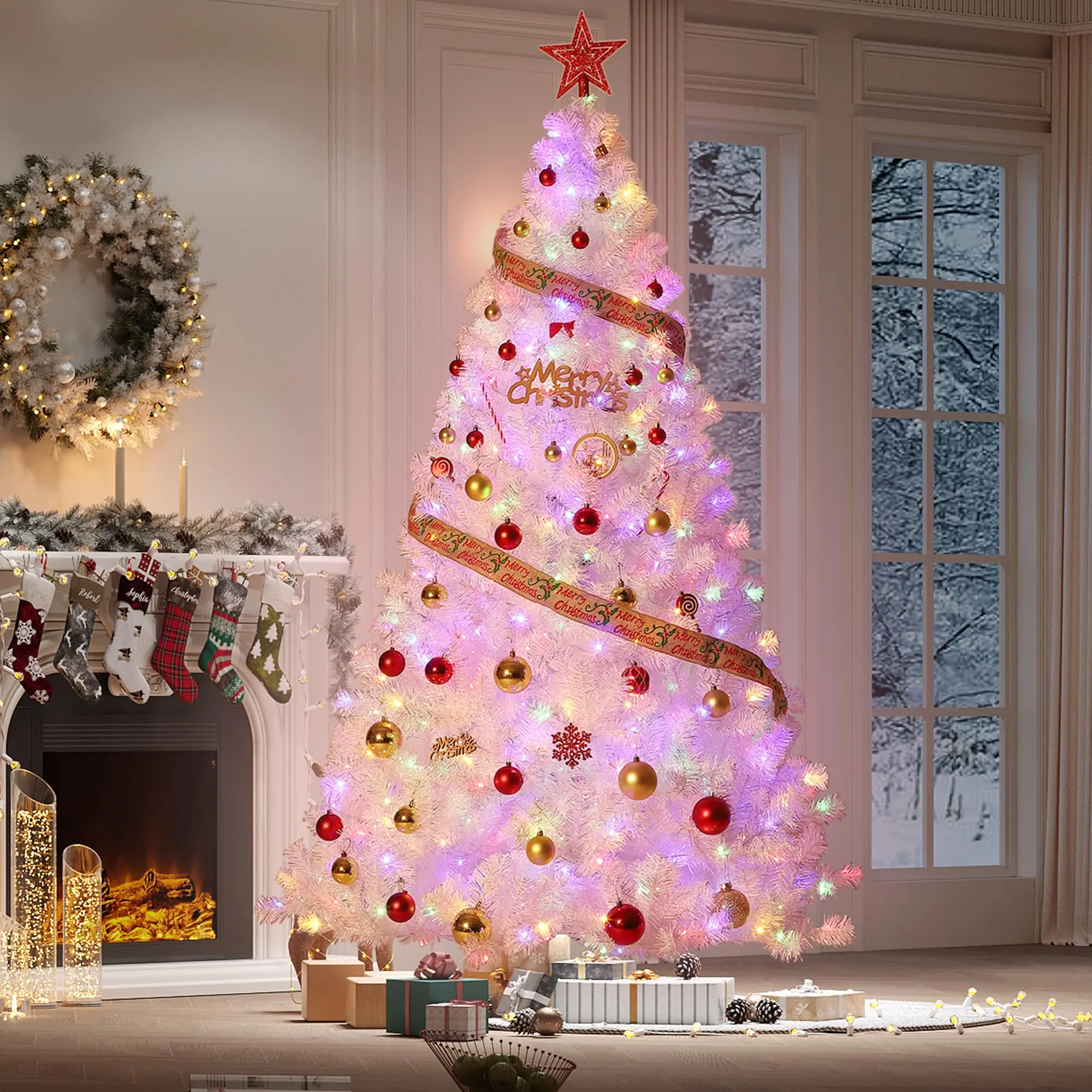 White Artificial Christmas Tree Prelit, 7.5FT Lighted Xmas Pine Tree Holiday Decoration with 150 Dual Color LED Lights & 288 Branch Tips