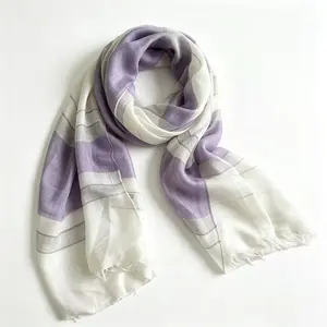 Women's 150g Ultra-Lightweight Purple White Plaid Pashmina Shawl Wrap - Soft Cashmere-Feel Scarf for Female, Breathable All-Season Accessory, Ideal for Summer AC Spaces & Bridesmaid Gifts