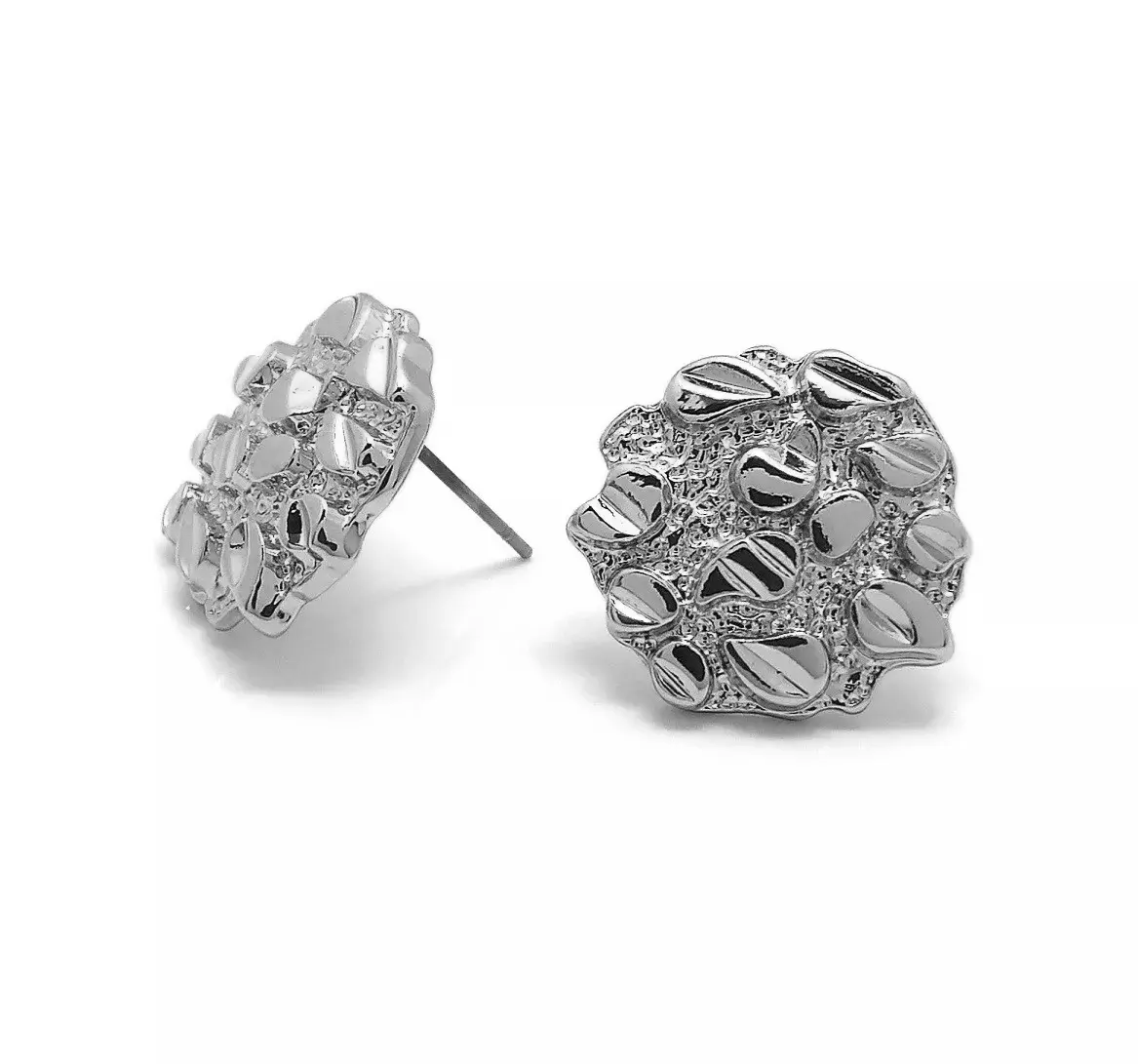 MaxBling81 High-Quality Structured Nugget Stud Earrings - Unisex Casual Silver-Plated Brass with Surgical Steel Posts, 10mm & 12mm Sizes, Stud Earring Jewelry, Surgical Steel Earrings, Ear Studs