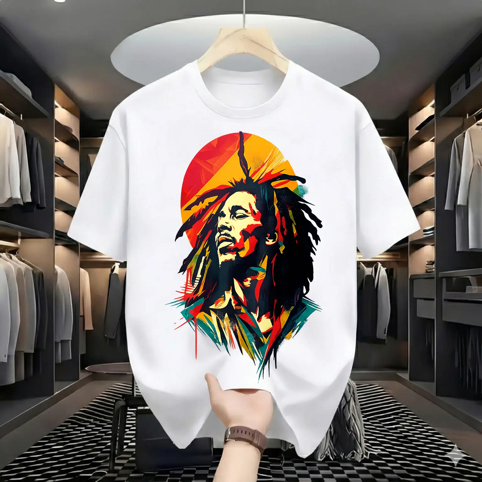 Vintage Reggae Music Legend Graphic Crew Neck Short Sleeve Top, Colorful Rasta Vibes CVCC Fabric Casual Shirt, Long-Lasting Full Sizes S-5XL Sports Top