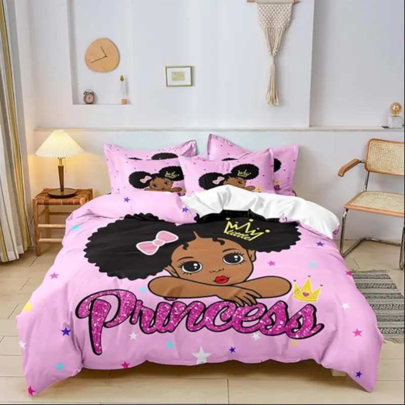 Cute Girl Pattern Printed Bedding Set, bed sheets set, 100% Polyester Soft Breathable Fabric, All Seasons, 3pcs (1 Fitted Sheet + 2 Pillowcases), Comfy Bedding Sets