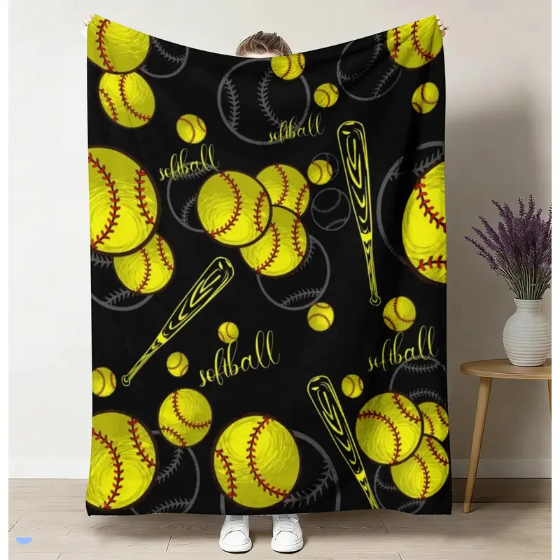 Softball Throw Blanket, Soft Cozy Warm Throw, Black Sporty Doodle Design for Bedroom Living Room, Gift for Softball Player Girlfriend Daughter, Team Spirit Fan Decor for Couch ﻿ ﻿