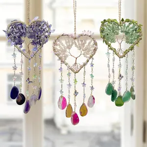Heart Tree Dreamcatcher with Agate Crystal Chain Pendant, Indoor Outdoor Decor, Wall Hanging Ornament, Room Living Room Garden Decoration Gift for Christmas New Year