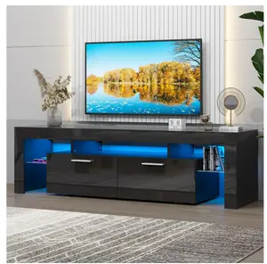 TV Stand for TV up to 70", Living Room Entertainment Center with RGB LED Lights and Storage Shelves Furniture, Black High Gloss TV Cabinet Console Table