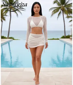 Briza｜White Crochet Bikini for Women with Skirted Bottom and Swim Shirt, Two Piece Swimsuit Cover Up Set, Modest Tankini Bathing Suit for Summer Beach Vacation, Women's Swimwear, Bathing Suit for Women, Bikini Set, Rash Guard Swim Shirt