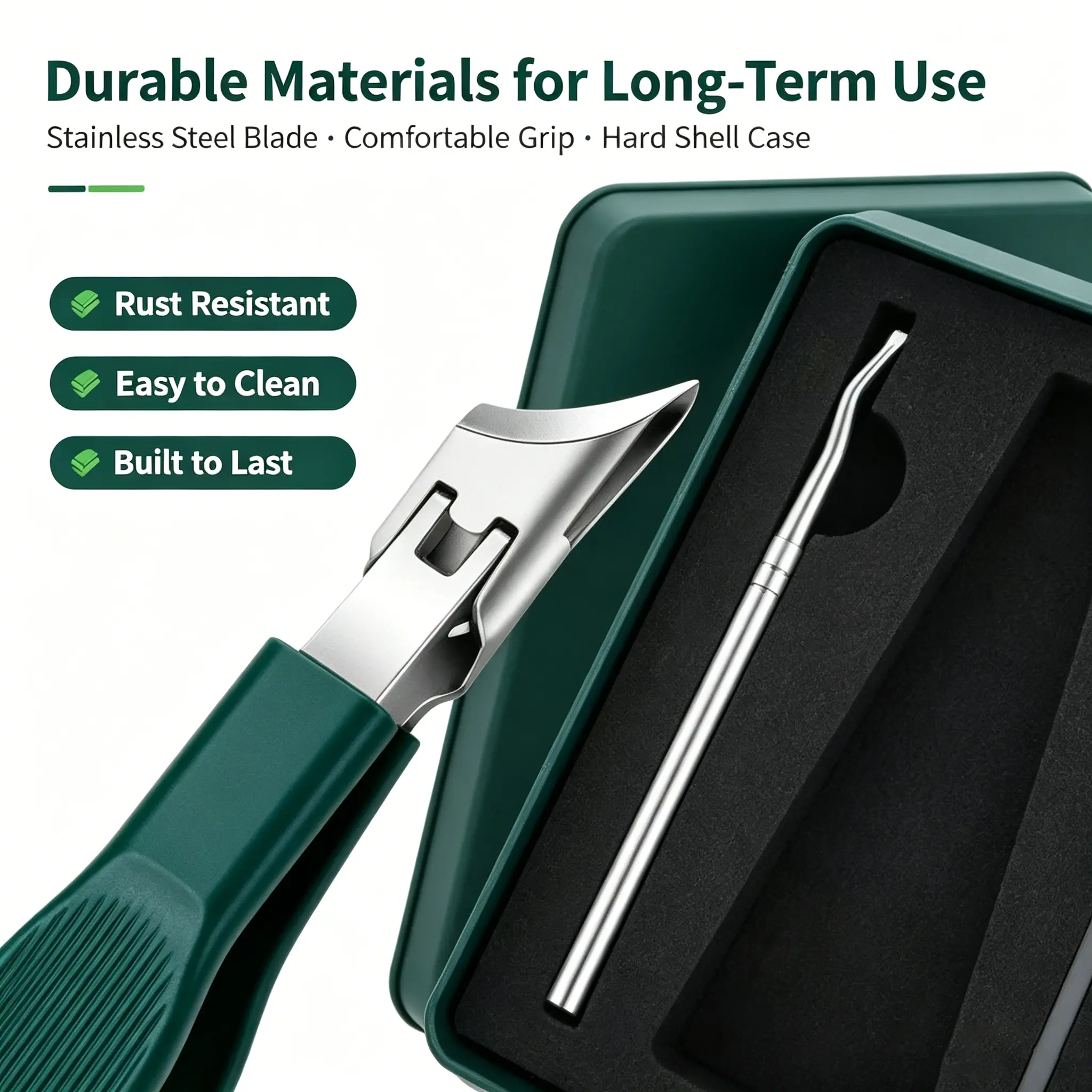 Green Eagle Beak 3-Piece Stainless Steel Nail Care Set - Thick Nail Trimmer, Ingrown Toenail Lifter, File, Heavy-Duty Pedicure Tools for Home, Travel