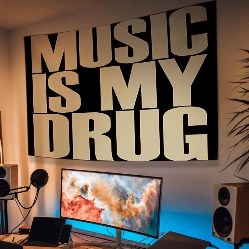 Music is My Drug' Tapestry - Bold Black and Golden Wall Art, Machine Washable - Ideal for Bedroom, Living Room, Dorm Decor, Perfect Gift, Decorative Peach