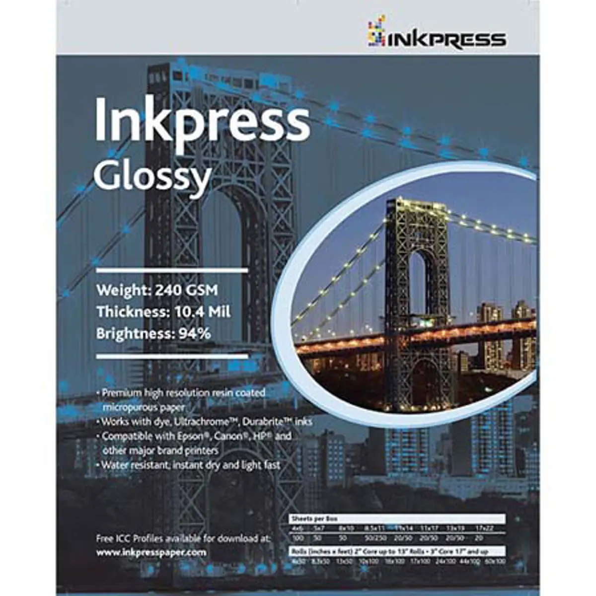 Inkpress Glossy, Single Sided Gloss Surface Inkjet Paper, 240gsm, 10.4 mil., 11x14", 100 Sheets