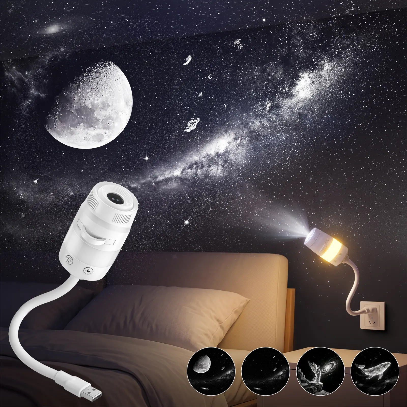 FUDUOO Projector Night Light, USB Star Projector with Adjustable Brightness, 360° Rotating Ceiling and Wall Projection Lamp, Room Decor Gift for Birthday, Holiday, Party and Bedroom(4/13Slides)
