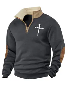 Outdoor men's cross-stitch printed henley zip-up sweatshirt, soft and comfortable fabric, autumn and winter casual warm hood, daily casual outfit, men's sweatshirt for outdoor activities, well-fitting, Half Zip Pullover