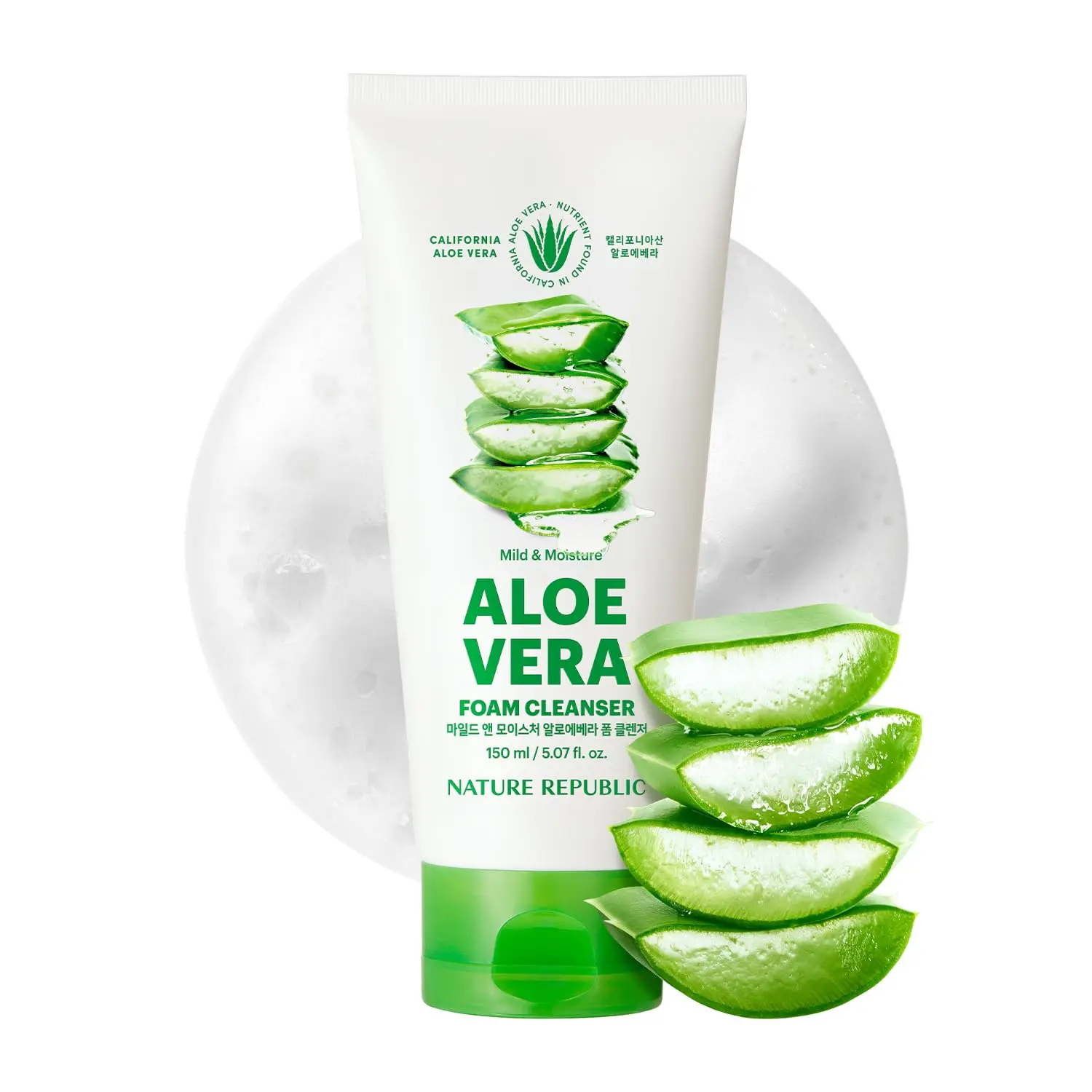 Mild Aloe Vera Foam Cleanser, Hydrating Facial Moisturizer Makeup Remover & Pore Cleanser, Korean Skin Care for All Skin Types, 150ml/5.07fl Oz