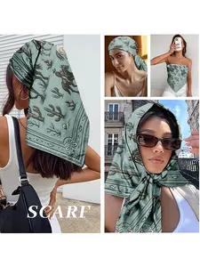 Women's Western Cactus Denim Print Satin Towel, Bohemian Hairband, Festival Essential, Summer Cowboy Accessory, Retro Rustic Headscarf