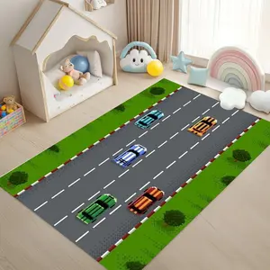 Colorful Toy Cars on The Road Area Rug Playful Highway Design Childrens Playroom Carpet Grey Road Green Grass Large NonSlip Carpet for Kids Room Decor Educational Toy Car Play Mat for Boys and Girls Unique Theme Bedroom Decor Activity Mat