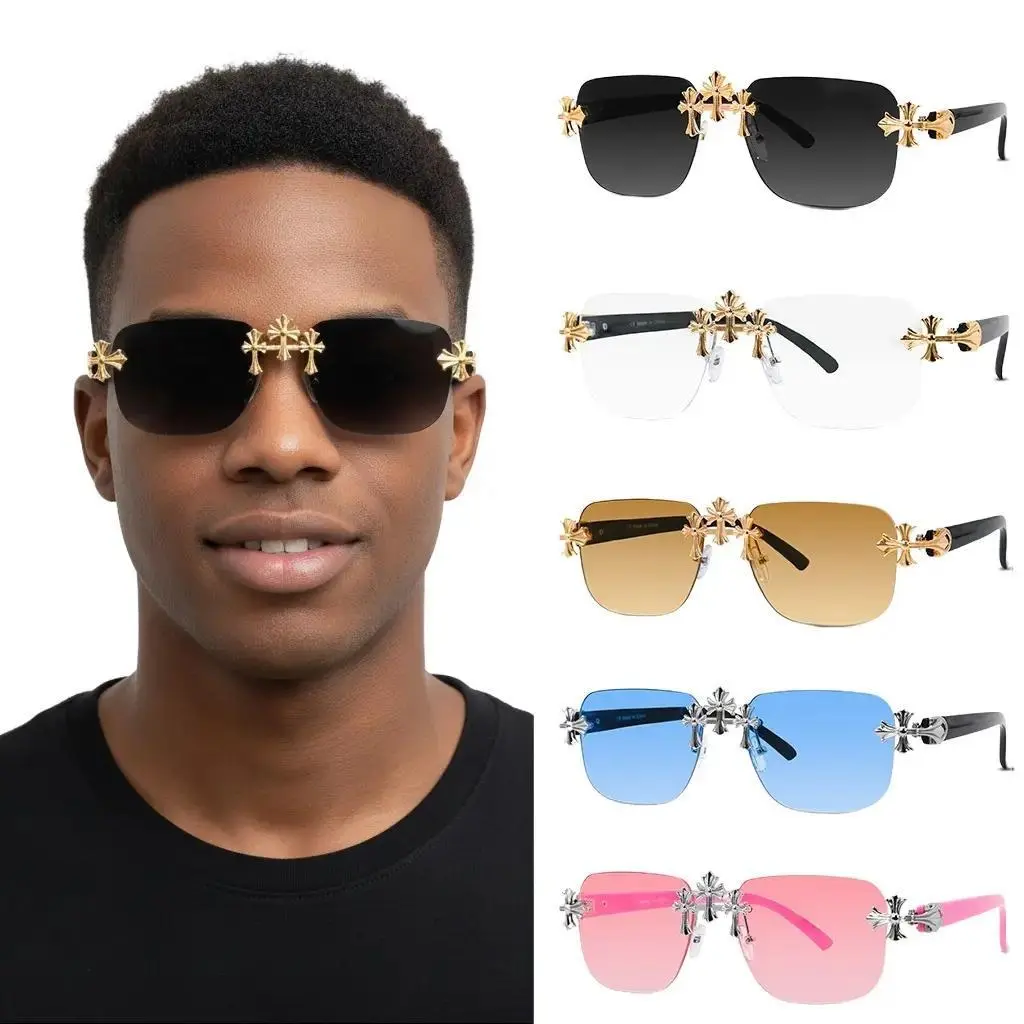 MaxBling81 Rimless Aviator Sunglasses for Men & Women, Trendy Streetwear Style with Triple Cross Bling Accent - UV Blocking PC Plastic Lenses, Trendy Streetwear Sunglasses, Uv Blocking Sunglasses