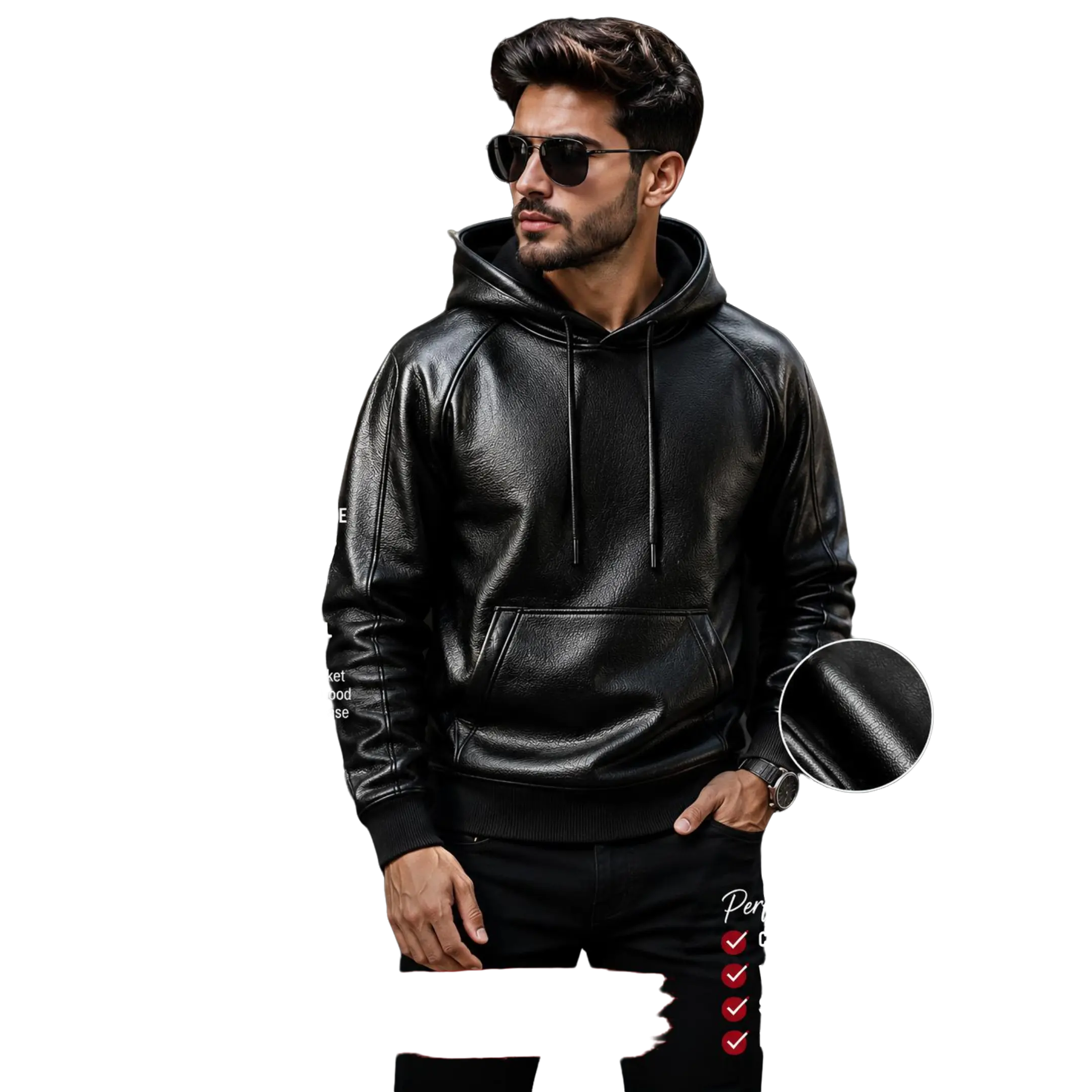 Men's Black Premium Leather Hoodie Handmade Genuine Lambskin Leather Coat