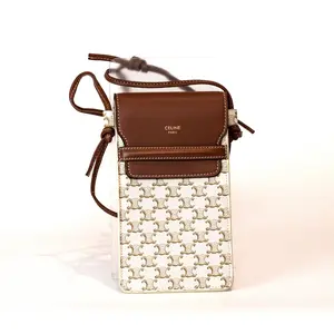 Pre-owned Celine lambskin leather Crossbody Bags Triomphe Canvas & Lambskin Phone Pouch – White/Tan | Like New
