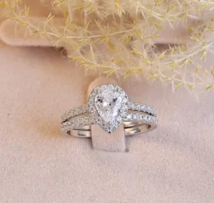 1.85ct Pear Cut CZ Sterling Silver Wedding Band & Engagement Ring Set 2.5-15 S4