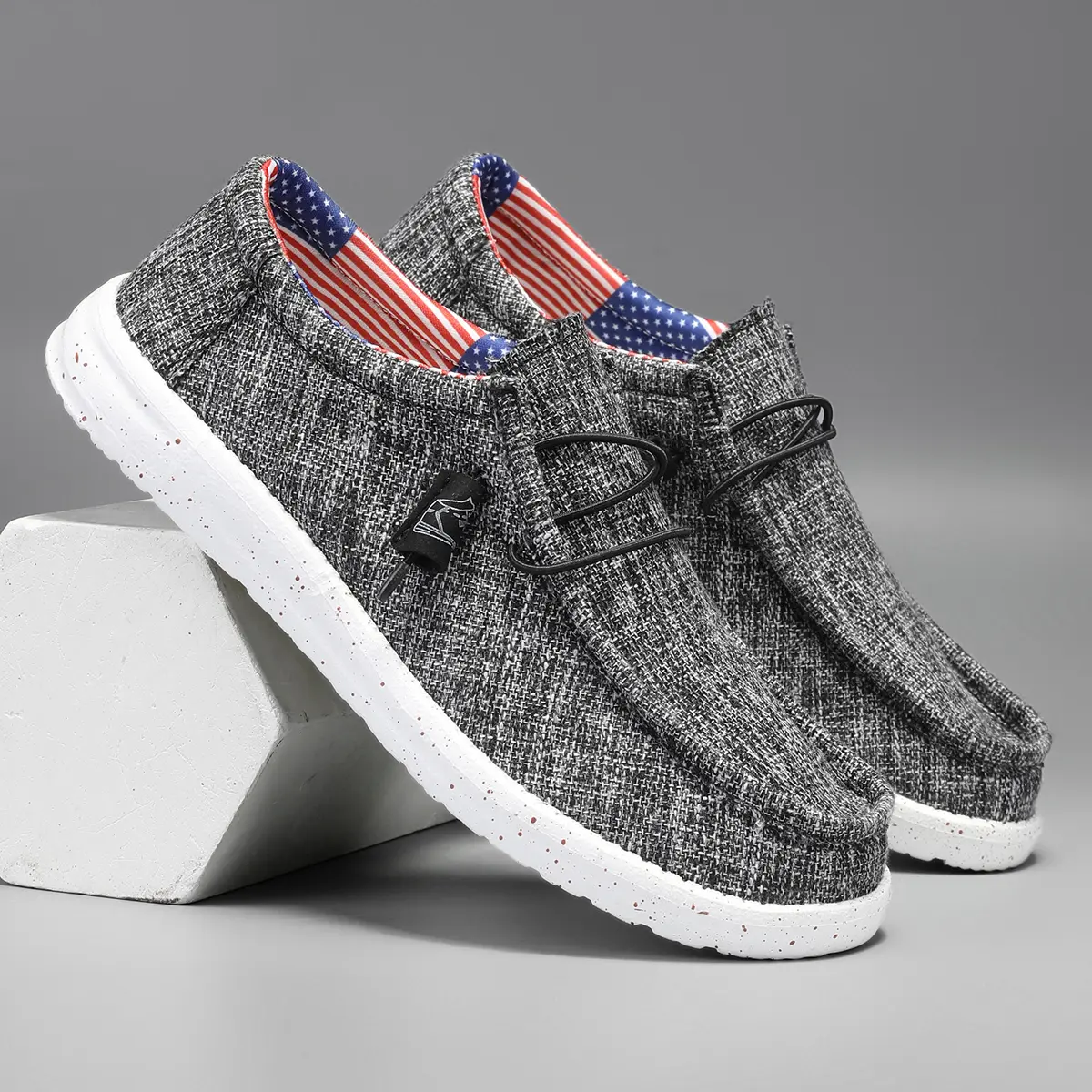 Men Gray Linen Slip On Casual Shoes American Flag Lining Elastic Lace Lightweight Breathable Loafers Walking Boat Shoes