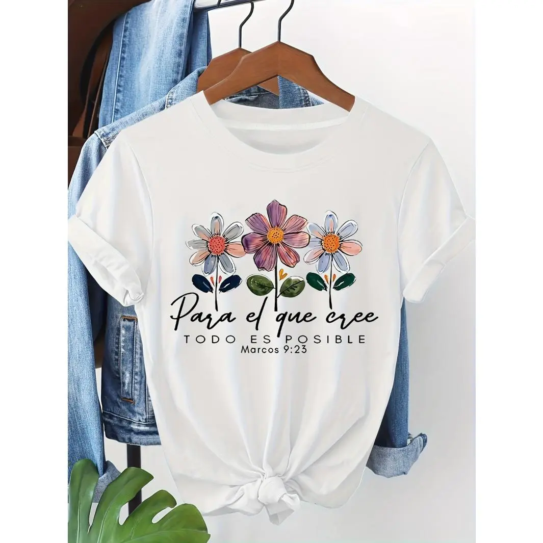 Women's Spanish Inspirational Floral Print T-Shirt - Mark 9:23 "For Those Who Believe, Everything Is Possible" - Round Neck, Shortsleeve, Streetwear Top for Spring/Summer Daily Casual Cultural Exchange (Sports & Outdoor Clothing)