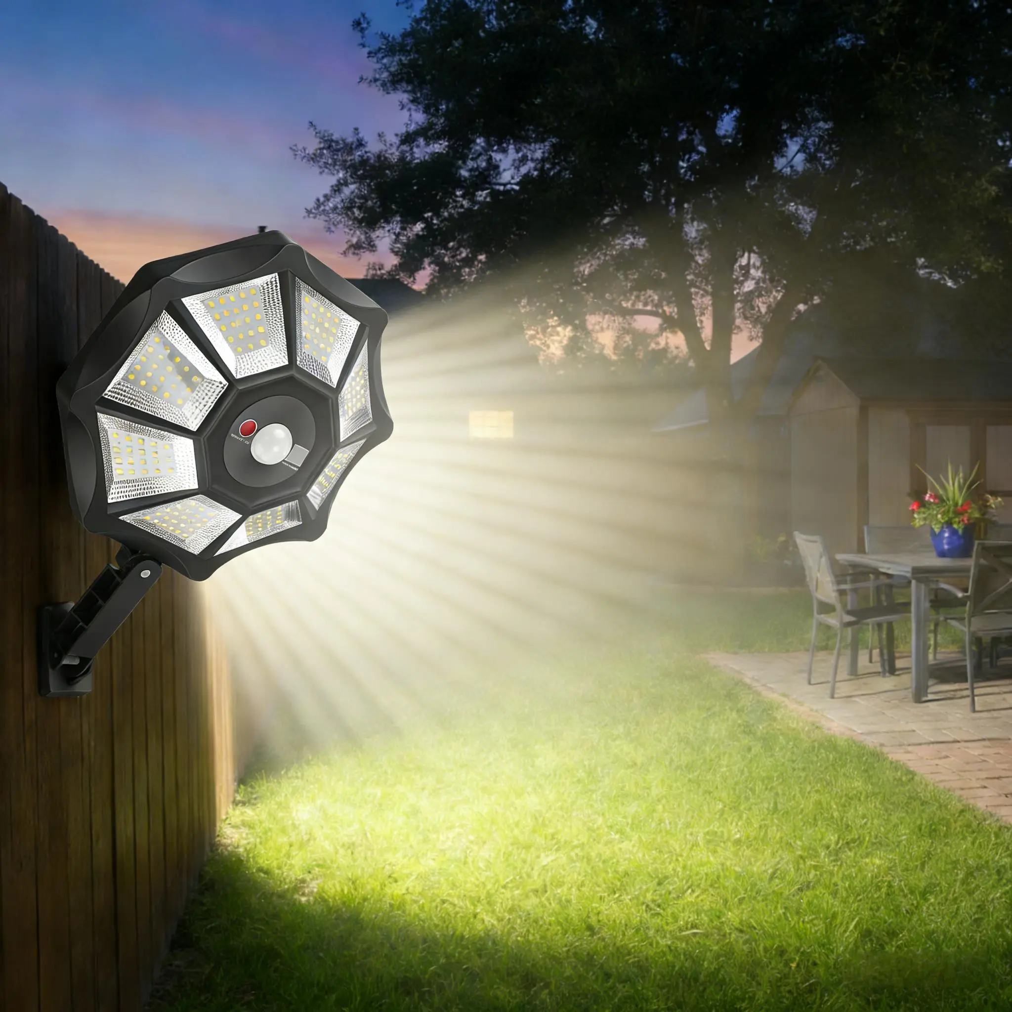 OKPRO Solar Security Lights Outdoor, 168-LED 6500K Solar Flood Lights with Motion Sensor, Octagonal Design, IP66 Waterproof for Yards, Parking Lots, Patios, Garages, Farmhouses, Ranches, Sports Fields, Gardens & Courtyards