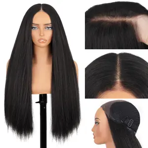 Glueless Yaki Straight Wigs Wear and Go 8X5 Lace Front Synthetic Wig for Women Pre Plucked Pre Cut Yaki Straight Wig 180% Density 26Inch